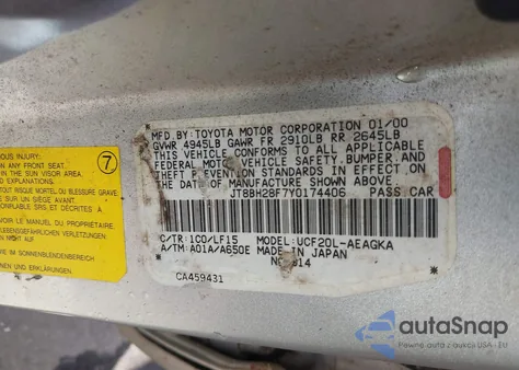 2000 Lexus Ls 400 из США, поврежденный, VIN JT8BH28F7Y0174406